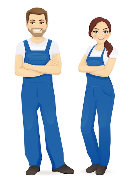 Homem e mulher de macacão azul isolados
