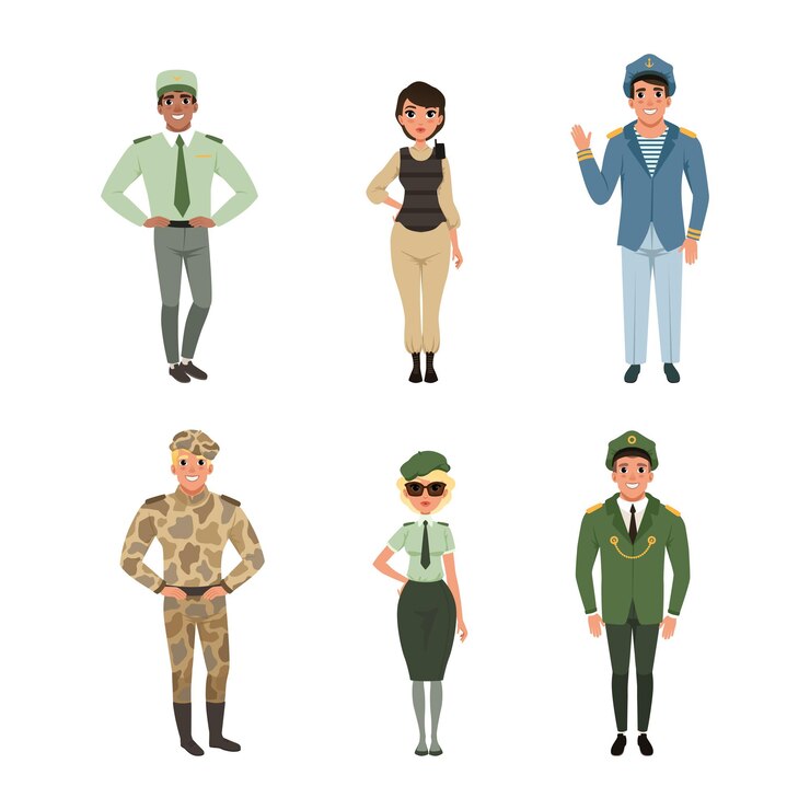 Vetor homem e mulher de pé em uniforme militar vector set