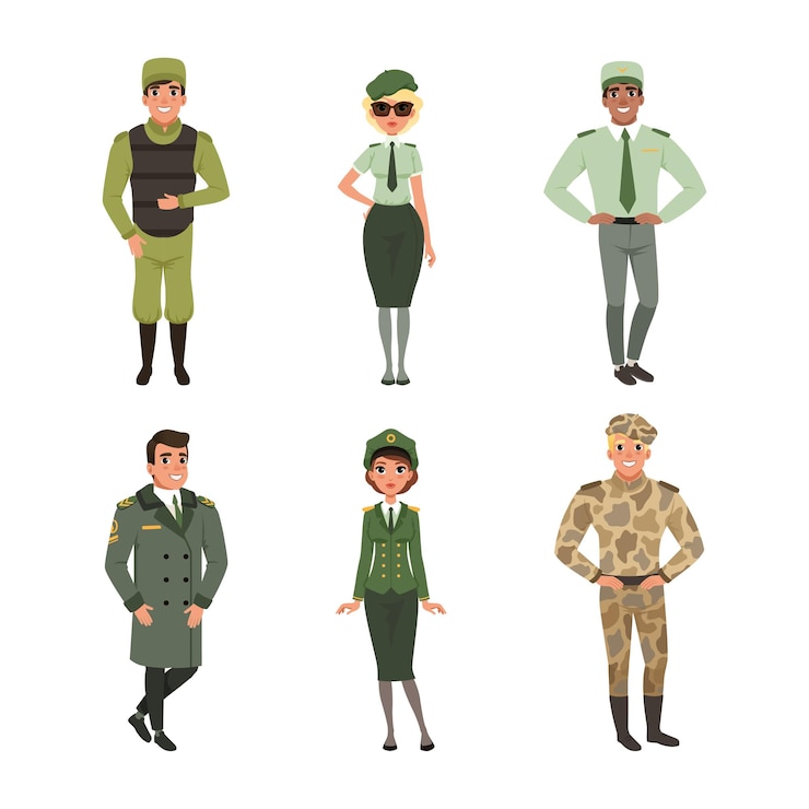Vetor homem e mulher de pé em uniforme militar vector set