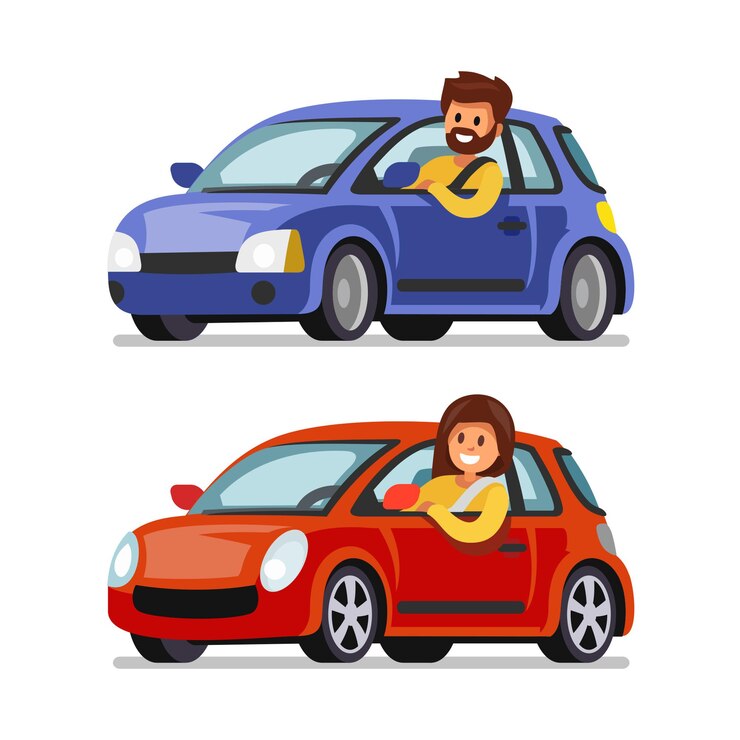 Vetor homem e mulher dirigindo o carro.