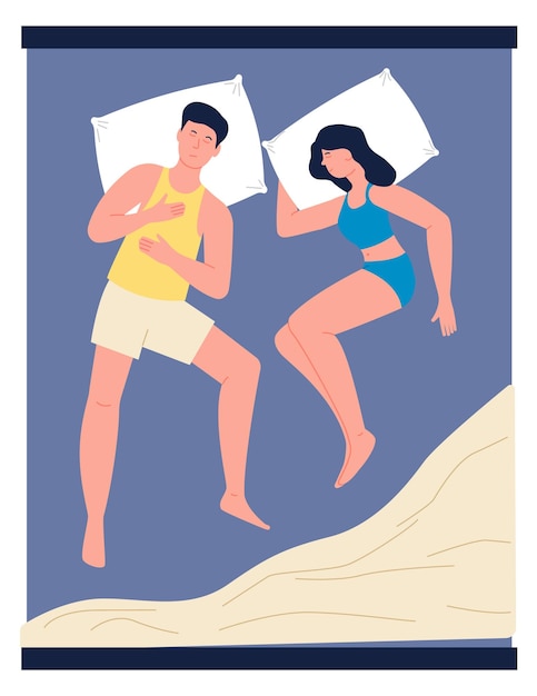 Homem e mulher dormindo em cama dupla vista superior isolada em fundo branco