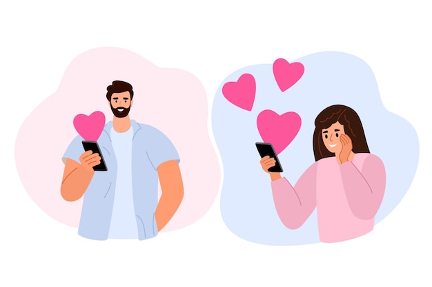 Homem e mulher escrevem mensagens de amor no telefone conceito de amor corações felicidade dia dos namorados família ilustração vetorial