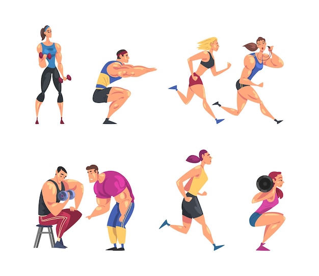 Homem e mulher esportivos musculosos a treinar no ginásio a fazer exercícios físicos com o seu treinador pessoal