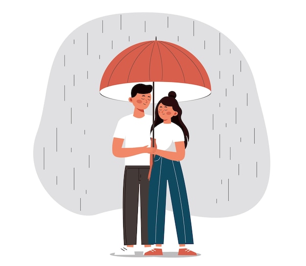 homem e mulher felizes se escondem da chuva sob um guarda-chuva aberto jovem casal se abraça com amor e carinho Conceito do dia dos namorados