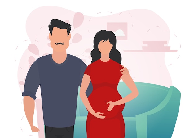 Homem e mulher grávida um cartaz sobre o tema do jato de vapor de uma criança gravidez feliz vetor em estilo cartoon