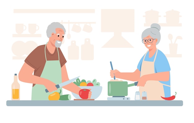 Homem e mulher idosos a cozinhar juntos Casal idoso a cozinhar alimentos saudáveis na cozinha estilo de vida ou passatempo