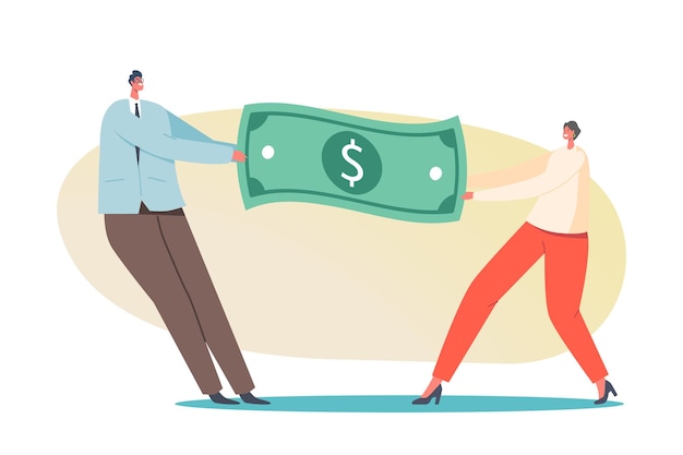 Homem e mulher lutam pelo conceito de dinheiro. Personagens masculinos e femininos puxando notas de dólar lutam por liderança e igualdade de gênero, competição de carreira, salário. Ilustração em vetor desenho animado