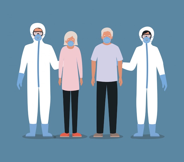 Homem e mulher mais velhos com máscaras e médicos com roupas de proteção contra o projeto Covid 19