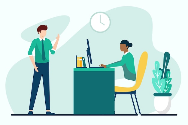 Homem e mulher no escritório Workplace Vector ilustração em estilo simples