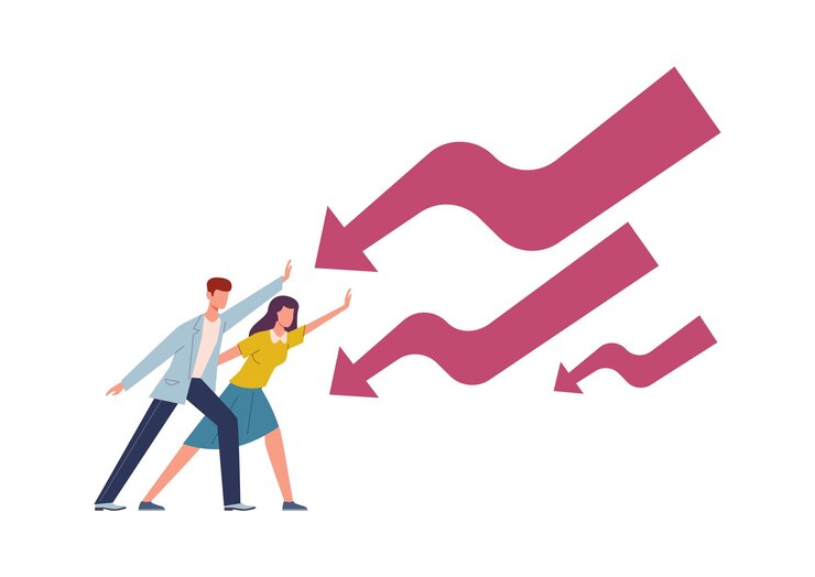 Vetor homem e mulher, parando de flecha caindo. problemas financeiros de personagens masculinos e femininos, pare de crise econômica, falência e colapso de inicialização de empresa, problemas de dinheiro vetor conceito de redução de finanças planas