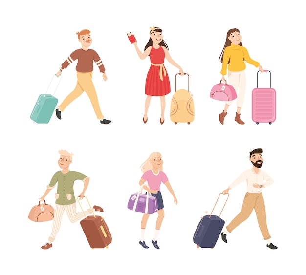 Homem e mulher personagem turístico com mala e bagagem indo em viagem Vector Set