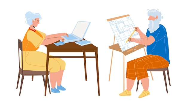 Homem e mulher sênior trabalhando vetor de união. Avó trabalhando no laptop e avô engenheiro trabalhar com plano de planta. Personagens Idosos Ocupação Flat Cartoon Ilustração