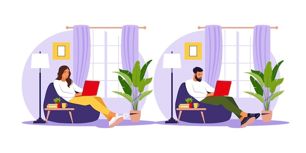 Vetor homem e mulher sentada com o laptop na cadeira do saco de feijão. ilustração do conceito para trabalhar, estudar, educação, trabalhar em casa. ilustração plana.