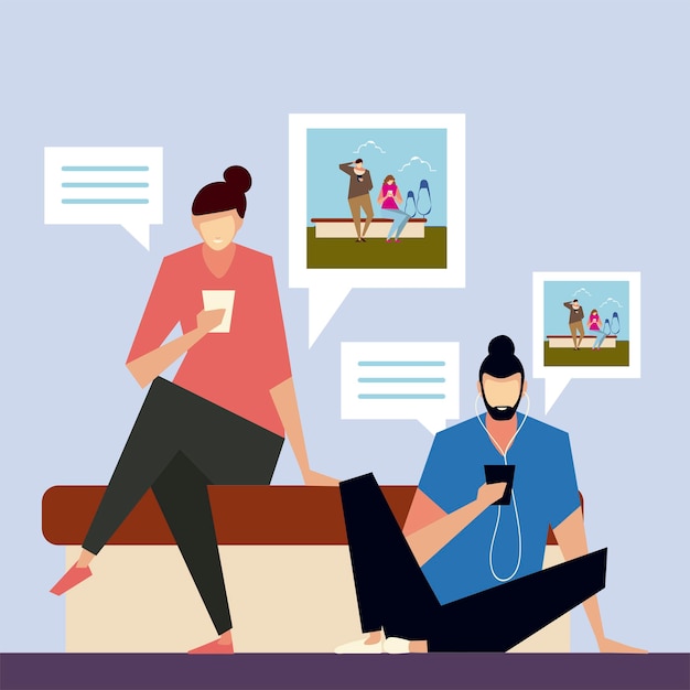 Homem e mulher sentados compartilhando fotos com smartphones, pessoas e ilustração vetorial de gadgets