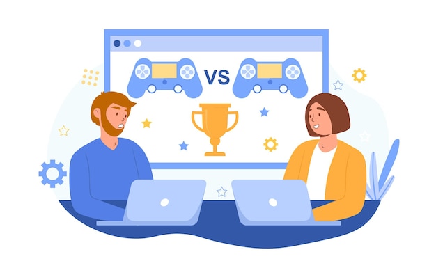 Homem e mulher sentados em laptops e competindo em videogame virtual por ouro