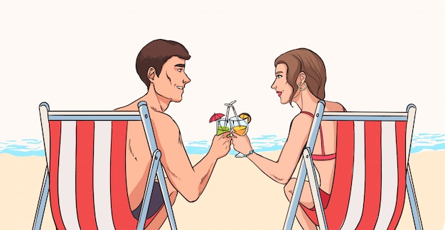 Homem e mulher sentam em espreguiçadeiras na praia em frente ao mar e tilintar de copos de cocktails exóticos, vista traseira.