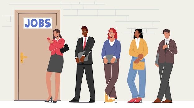 Homem e mulher sérios e confiantes com Cv ficam na fila em frente à porta do escritório esperando entrevista de emprego ou reunião