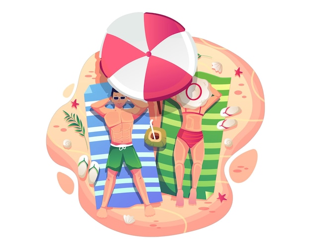 Homem e mulher tomando sol ao sol sob um guarda-chuva na praia casal em trajes de banho na vista superior da praia ilustração em vetor estilo plano