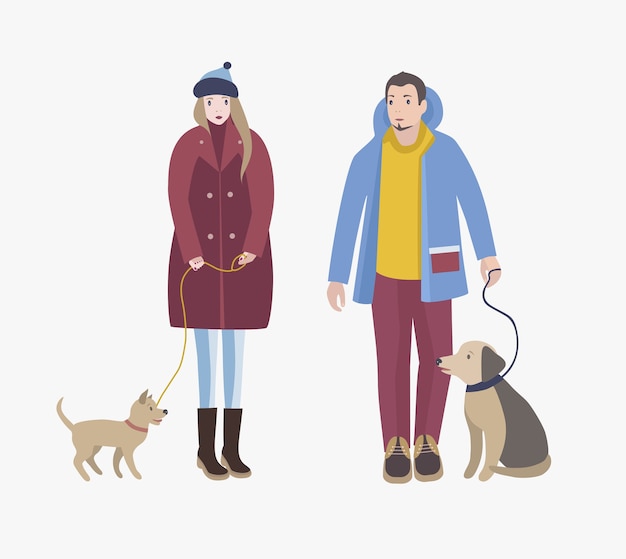 Homem e mulher vestidos com roupas de inverno em pé, segurando seus cachorros na coleira e olhando um para o outro. personagens de desenhos animados com animais de estimação isolados. ilustração colorida do vetor.