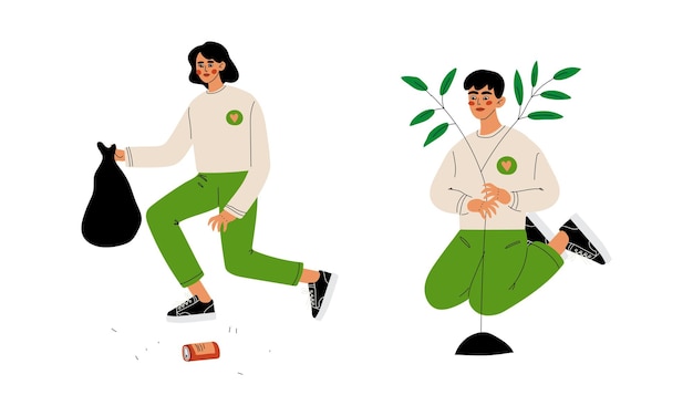 Homem e mulher voluntários plantando árvores e coletando lixo envolvidos em atividade de trabalho livre para o conjunto de vetores de serviço comunitário