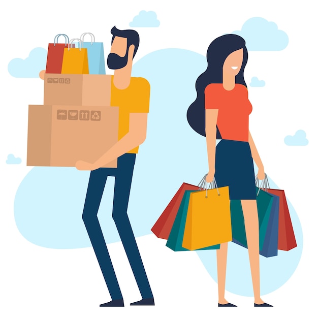 Homem e mulher Yong em compras Conceito de desin plano Pronto para personagens de animação e elementos de design com sacolas e caixas de compras