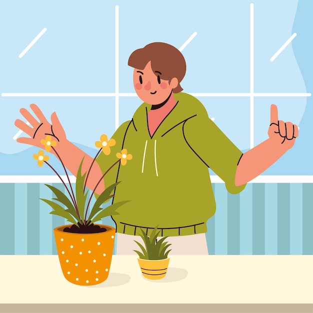 Homem e plantas de casa