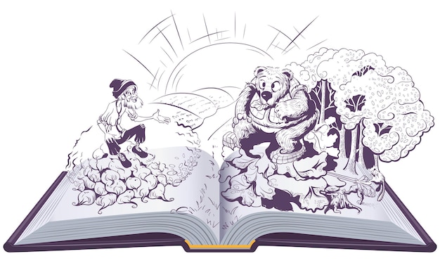 Homem e urso ilustração de livro aberto de conto folclórico russo