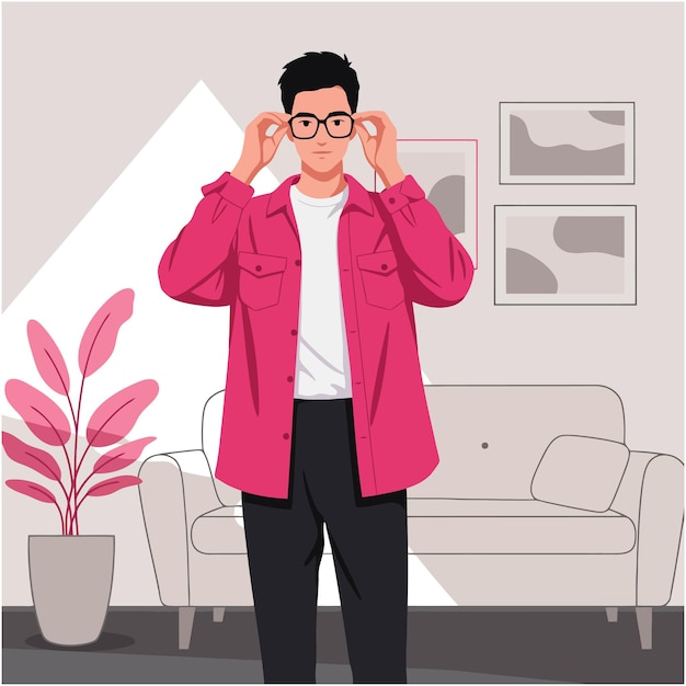 Homem elegante de camisa rosa ajustando óculos