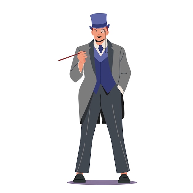Homem elegante e confiante da boquilha de fumar do século xix. cavalheiro inglês na sobrecasaca, óculos monocromáticos e cartola, isolado no fundo branco. ilustração do vetor dos desenhos animados.