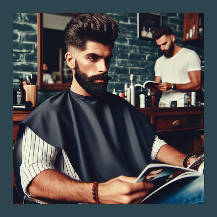 Vetor homem elegante sentado em uma barbearia cortando cabelo para homens cartaz para spa decoração de parede salão de beleza