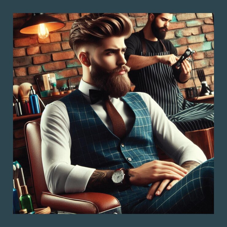 Vetor homem elegante sentado em uma barbearia cortando cabelo para homens cartaz para spa decoração de parede salão de beleza