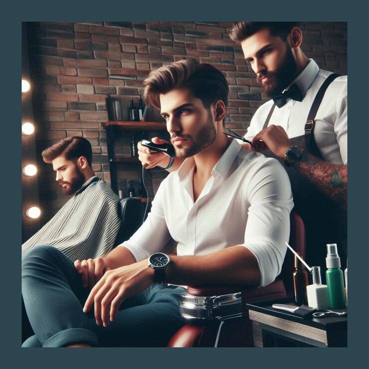 Vetor homem elegante sentado em uma barbearia cortando cabelo para homens cartaz para spa decoração de parede salão de beleza