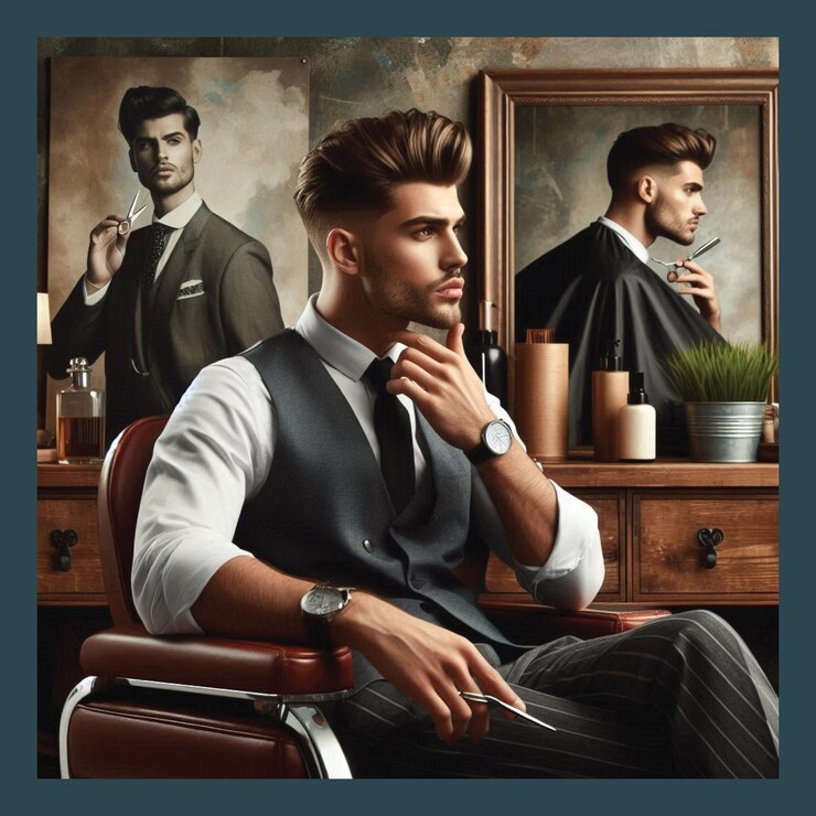 Vetor homem elegante sentado em uma barbearia cortando cabelo para homens cartaz para spa decoração de parede salão de beleza