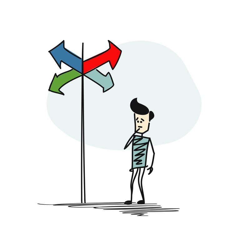Vetor homem em dúvida, tendo que escolher entre as escolhas certas indicadas pelo conceito de direção das setas. ilustração em vetor esboço desenhado à mão dos desenhos animados.