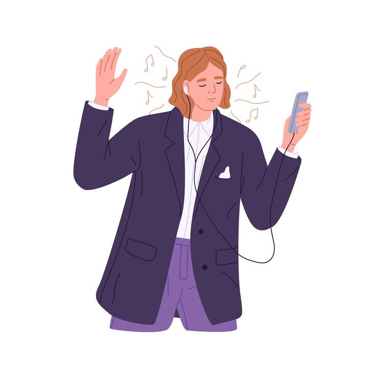 Vetor homem em fones de ouvido ouvindo música relaxante empresário desfrutando de áudio com telefone celular trabalhador de escritório feliz em fones de ouvido com smartphone ilustração em vetor plana isolada no fundo branco
