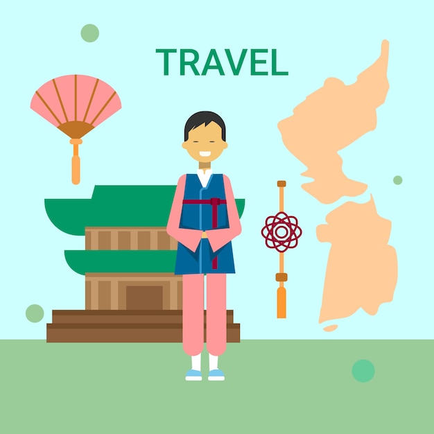 Homem, em, tradicional, coreano, roupas, sobre, coréia, mapa, e, templo