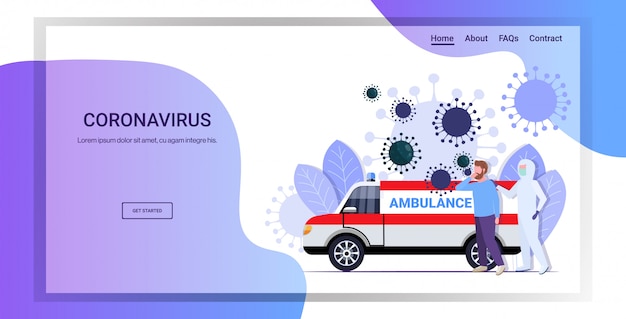 homem em traje de proteção movendo o paciente infectado para a epidemia de células de coronavírus de carro de ambulância conceito do vírus MERS-CoV wuhan 2019-nCoV pandemia. risco para a saúde comprimento total cópia espaço horizontal
