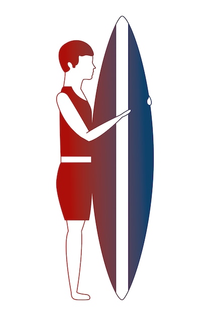 homem em trajes de banho segurando o néon de ilustração vetorial de prancha de surf