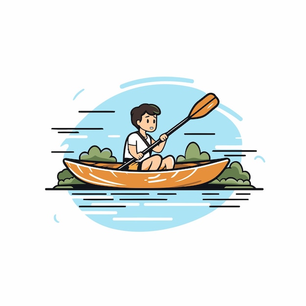 Vetor homem em uma canoa no rio ilustração vetorial em estilo plano