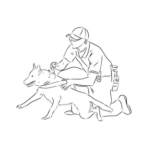 Homem ensinando e treinando um animal de estimação para entender o adestrador de cães com um desenho vetorial de cachorro