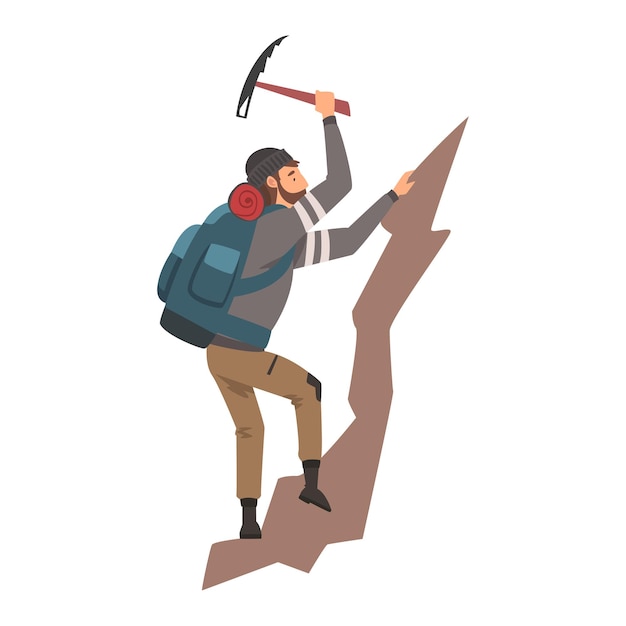 Homem escalando uma montanha rochosa com ilustração vetorial do equipamento