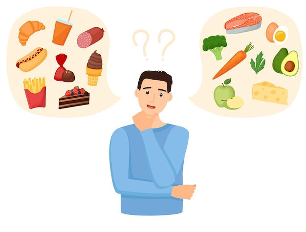 Homem escolhendo entre comida saudável e não saudável Fastfood vs ilustração vetorial de menu equilibrado