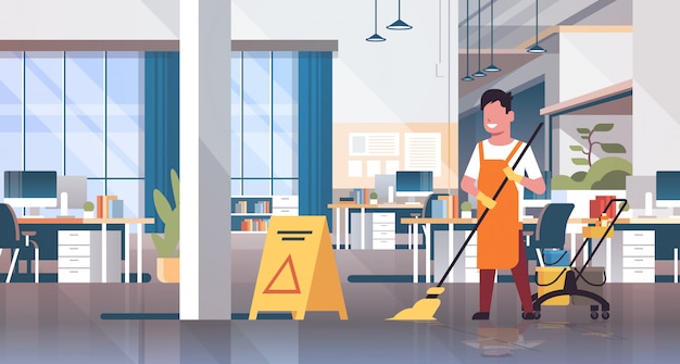 homem esfregão masculino faxineiro limpador no uniforme carrinho de serviço carrinho de limpeza com suprimentos criativo co-working center escritório interior
