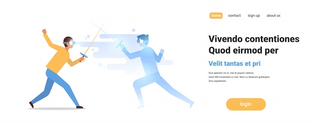 homem esgrimista desgaste digital vidros lutando com realidade virtual oponente atleta vr visão headset conceito inovação