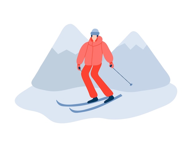 Homem esquiando nas montanhas Vector homem no esporte vermelho anda de esquis Ilustração vetorial