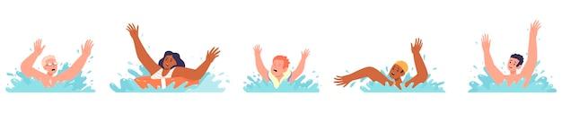 Vetor homem estressado usando chapéu de natação se afogando espirrando na água pedindo ajuda ilustração do vetor
