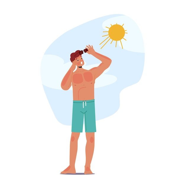 Vetor homem experimenta queimaduras solares dolorosas na praia, resultando em vermelhidão, coceira e descamação da ilustração dos desenhos animados da pele