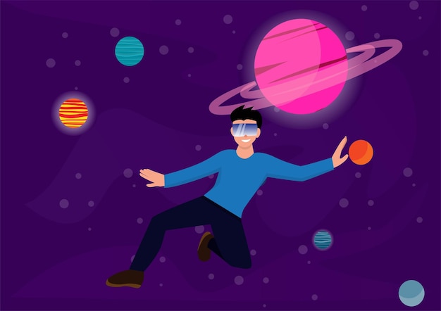 Homem explorando o espaço em óculos menino feliz usando óculos de realidade virtual estudando ilustração vetorial de site on-line em estilo cartoon plana