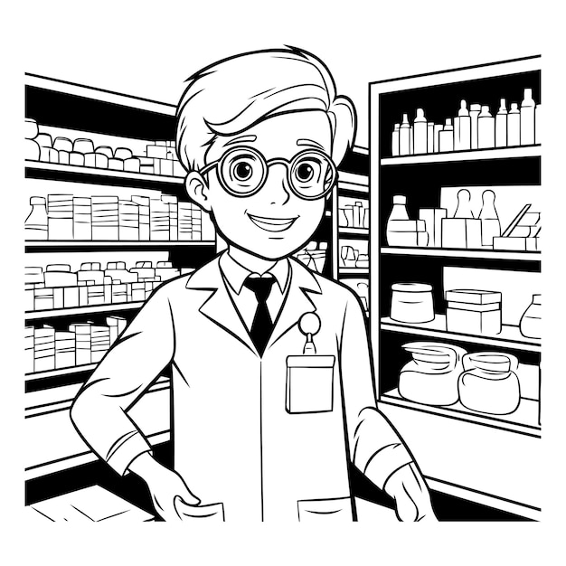 Homem farmacêutico na farmácia ilustração em preto e branco