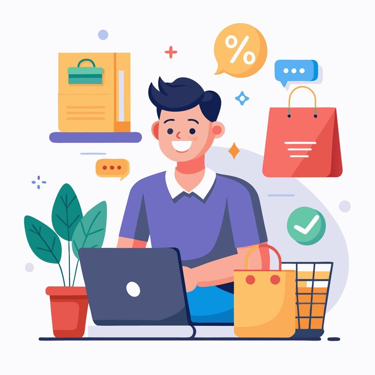 Vetor homem faz compras on-line com descontos em laptops